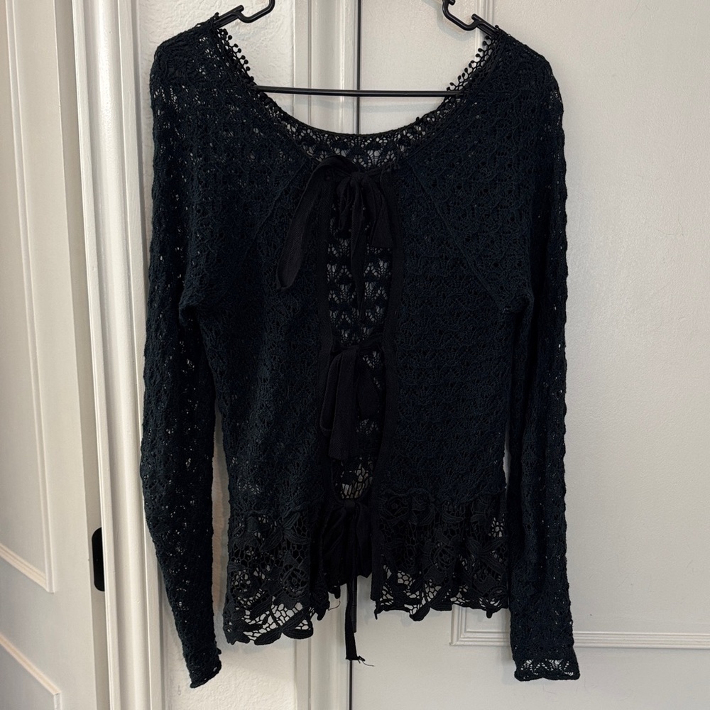 Free People Black Crocheted Long Sleeve Top - Picture 3 of 5